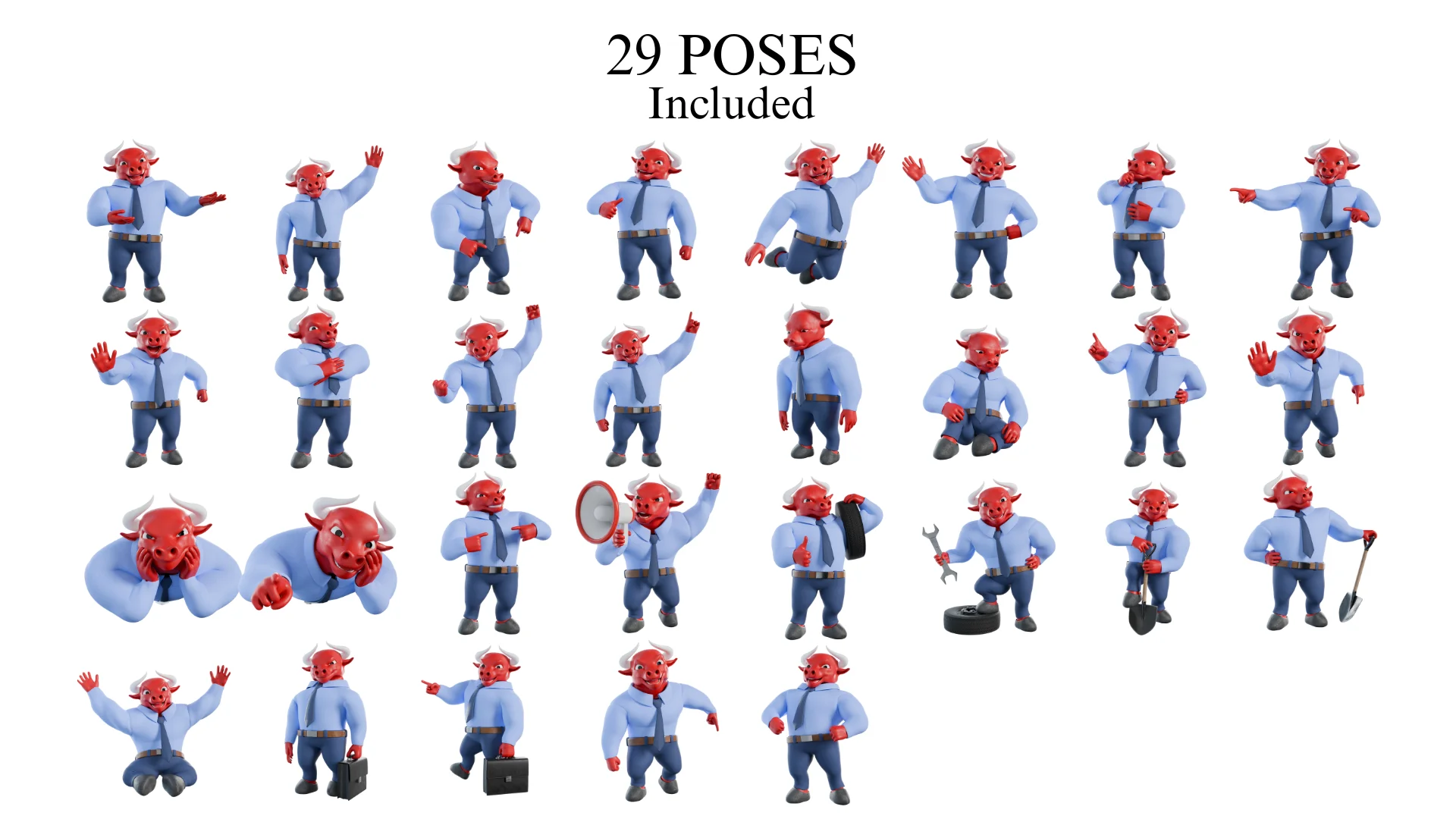 Multiple pre-made professional poses for business bull mascot 3D character
